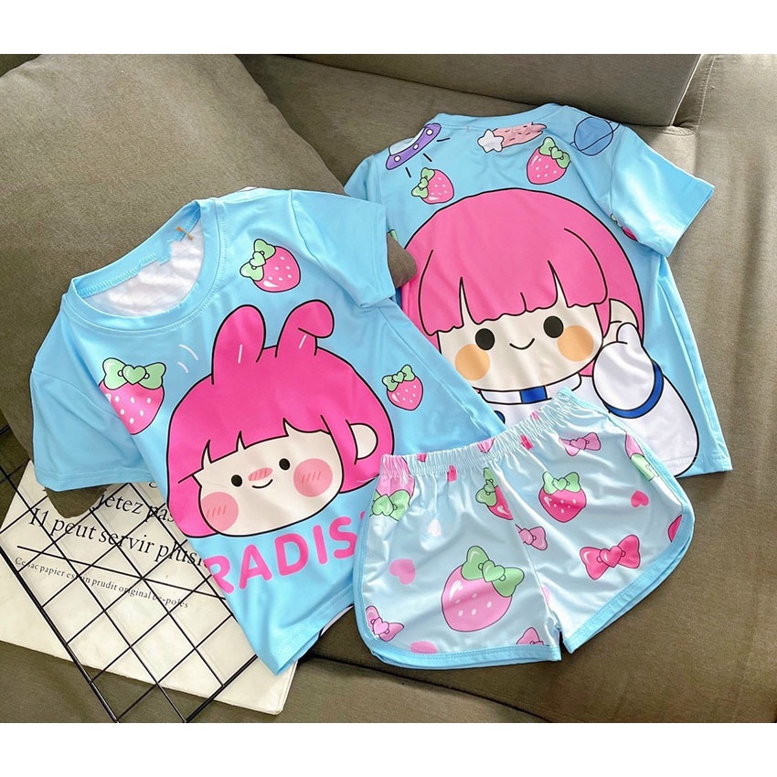 Bộ Quần Áo Trẻ Em Cộc Tay 3D In Hình ChiBi Vải Dễ Thương Vải Cotton Cho Bé Gái Từ 8-20kg Mã CT39