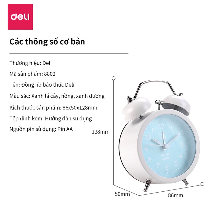 Đồng hồ báo thức Deli 8802 - Thân trắng mặt -Xanh dương/Xanh lá/ Hồng, tích hợp đèn ngủ, kim dạ quang-vpp Diệp Lạc sỉ lẻ