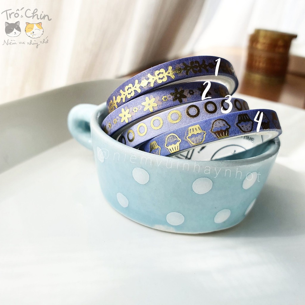 [HÀNG CÓ SẴN] [ẢNH THẬT] Washi tape nhũ ánh kim cực kì sắc nét TÍM XANH - Gold Periwinkle Washi tape (5mm*2m)