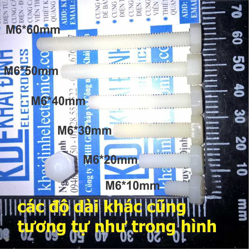 Bulong bu lông Nhựa M6, đầu lục giác các kích thước 10/16/20/25/30/35/40/45/50/60mm kde0263