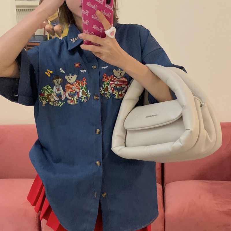 Áo Sơ Mi Denim Tay Ngắn Hoạ Tiết Thêu Thiết Kế Oversized Phong Cách Hàn Quốc