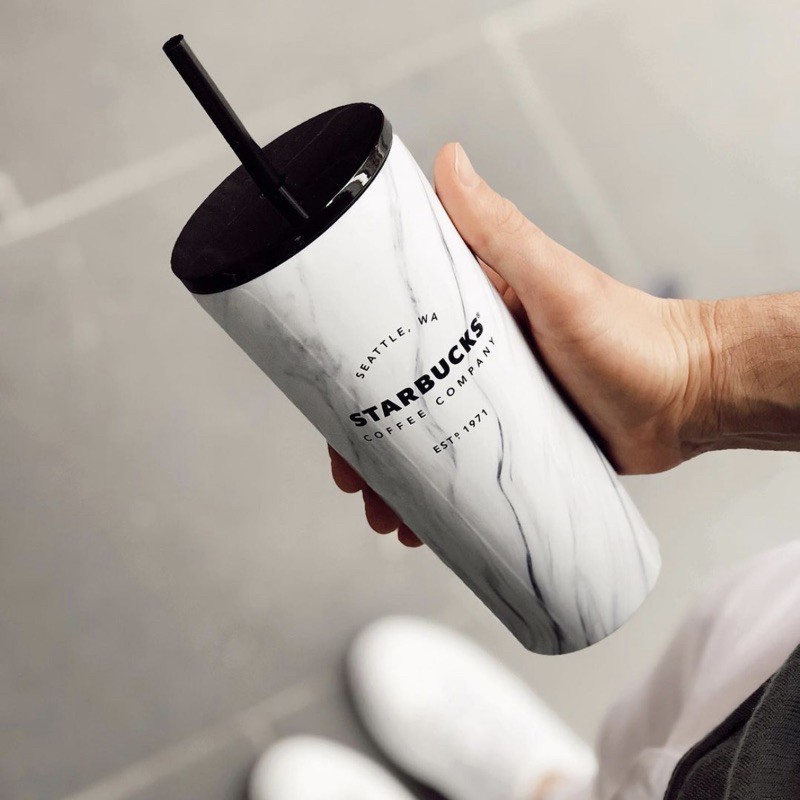 LY STARBUCKS VÂN ĐÁ TRẮNG - Cold Cup Stainless Steel White Marble