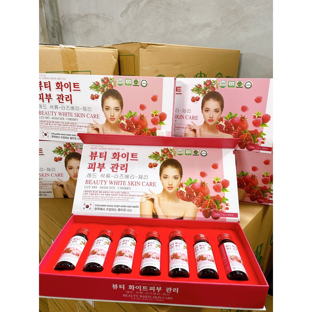 Nước uống đẹp da COLLAGEN BEAUTY WHITE SKIN CARE Lựu đỏ - Mâm Xôi -Cherry giúp giảm lão hóa da , hỗ trợ làm đẹp