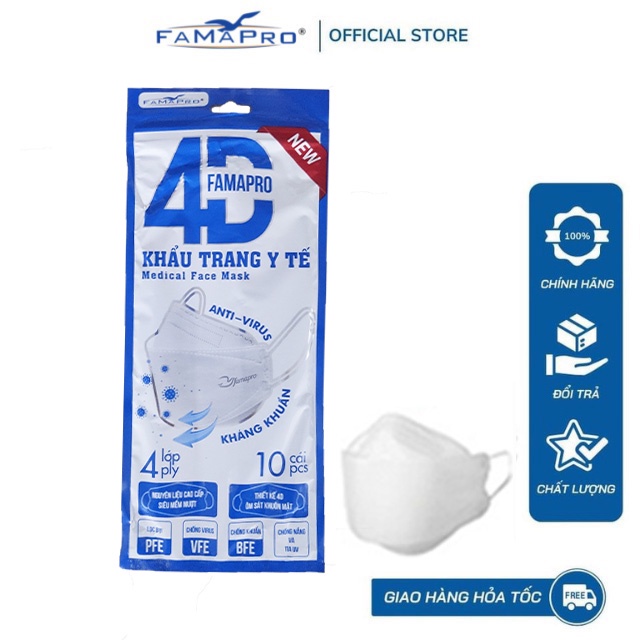 Túi 4D tiêu chuẩn Khẩu trang y tế Famapro KF94 4 lớp kháng khuẩn 10 cái/bịch