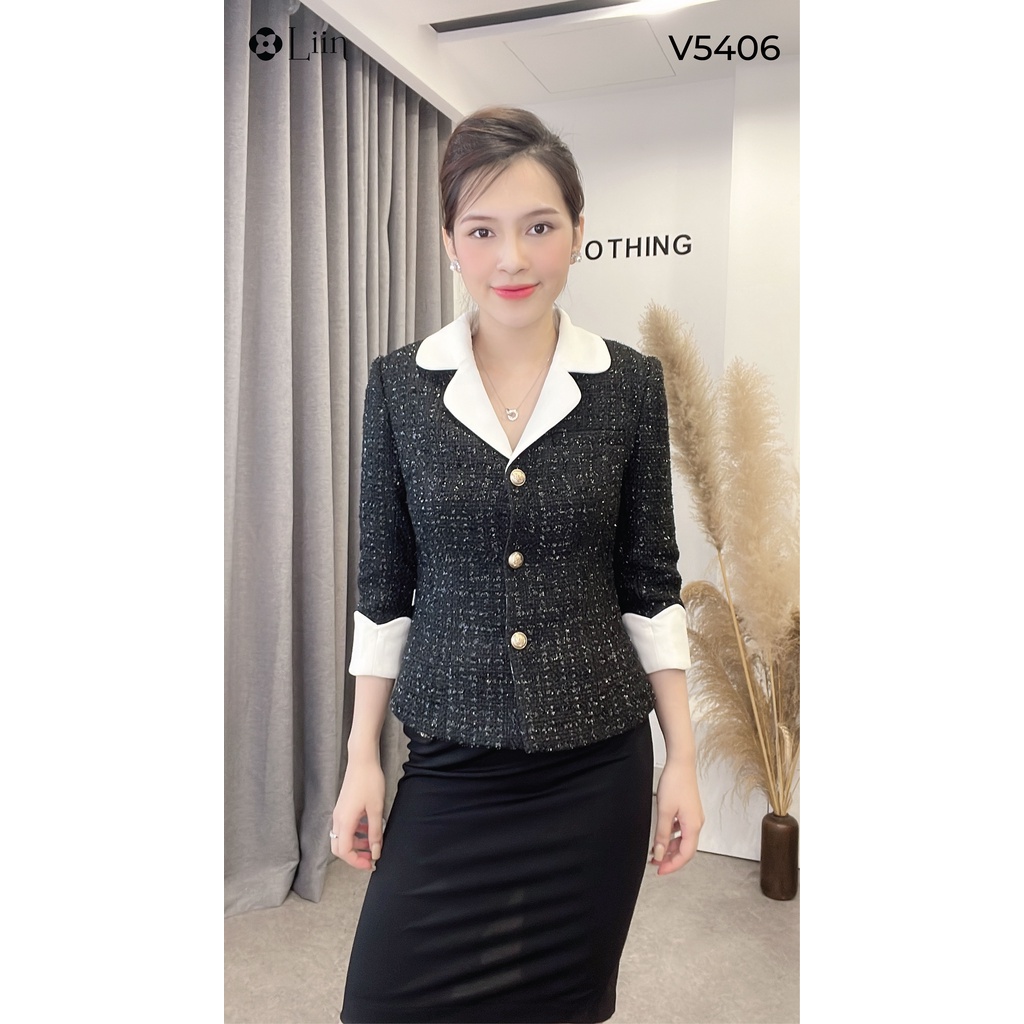 Áo vest dạ tweet cao cấp mix cổ vest trắng kiểu dáng trẻ trung, sang trọng Liin Clothing V5406