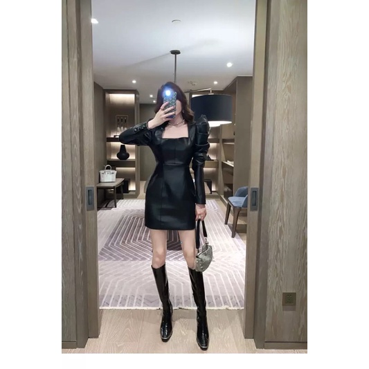 Váy da cổ vuông tay phồng dài tay hàng cao cấp