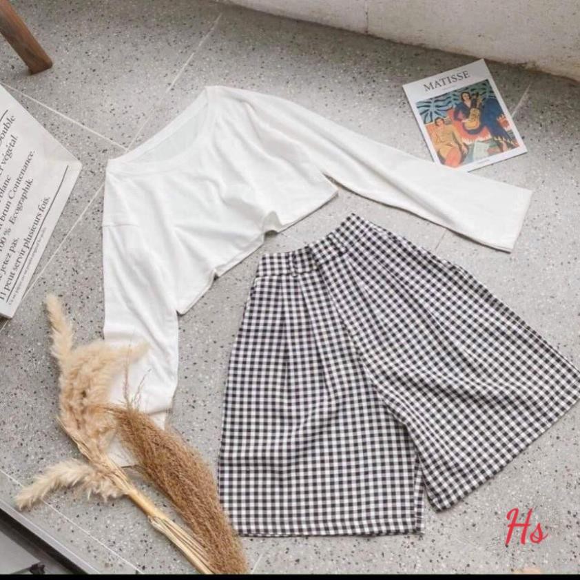 freeship Bộ Áo Croptop Quần Sooc Kẻ , Set Áo Crt Dài Tay Quần Đùi Ống Rộng B024 | BigBuy360 - bigbuy360.vn