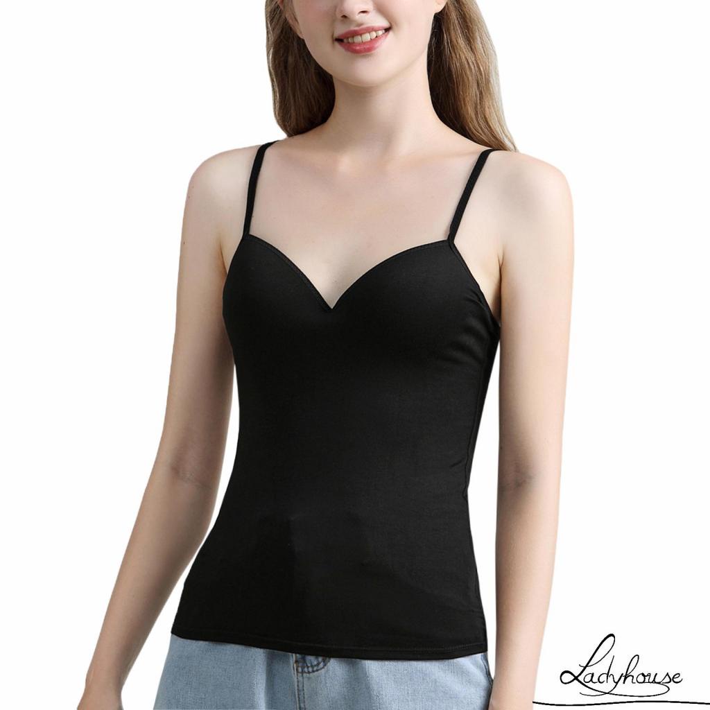 Áo hai dây cổ chữ V màu trơn có đệm lót ngực thời trang mùa hè cho nữ