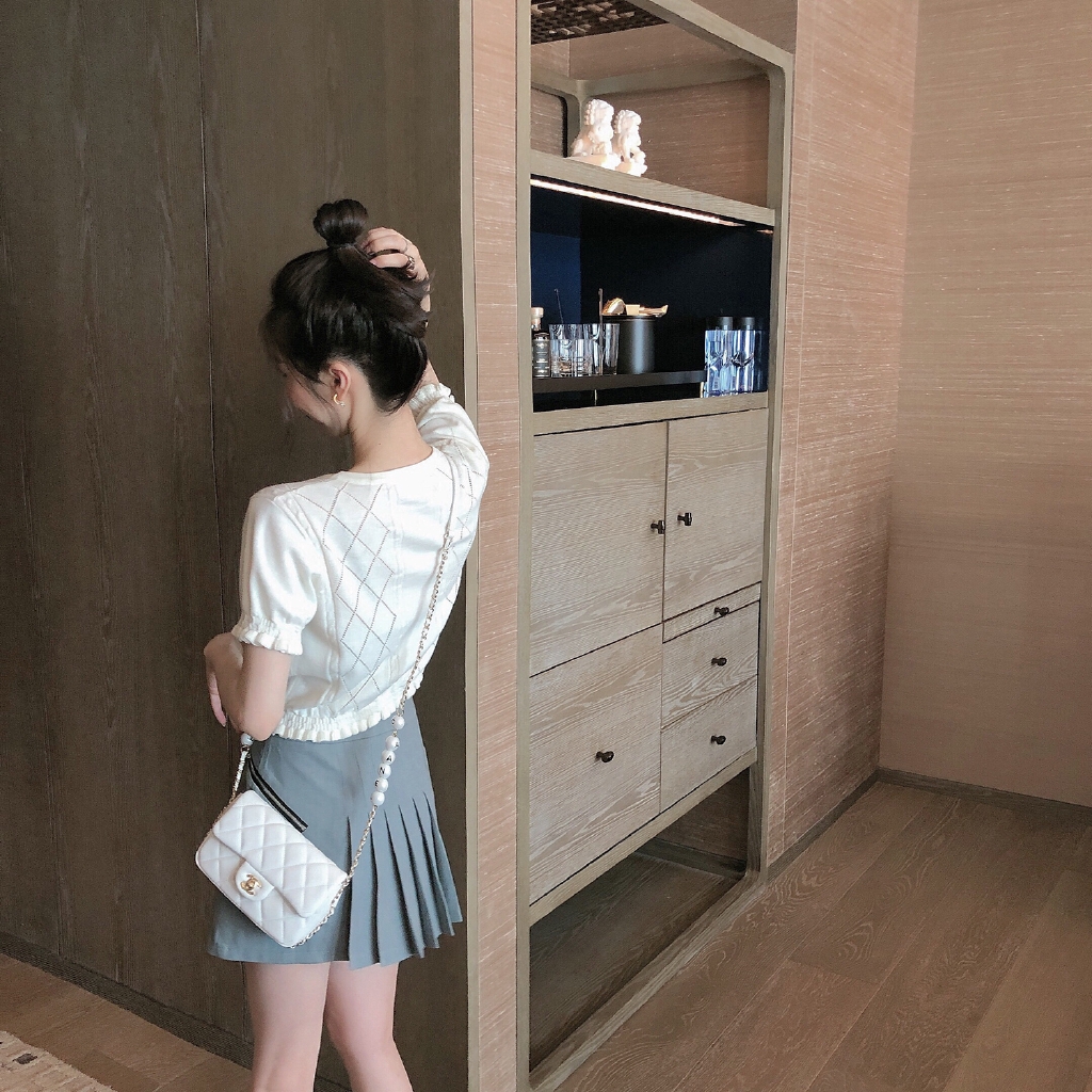 SUXI Áo Dệt Kim Tay Ngắn Phối Nơ Đáng Yêu Cho Phái Nữ