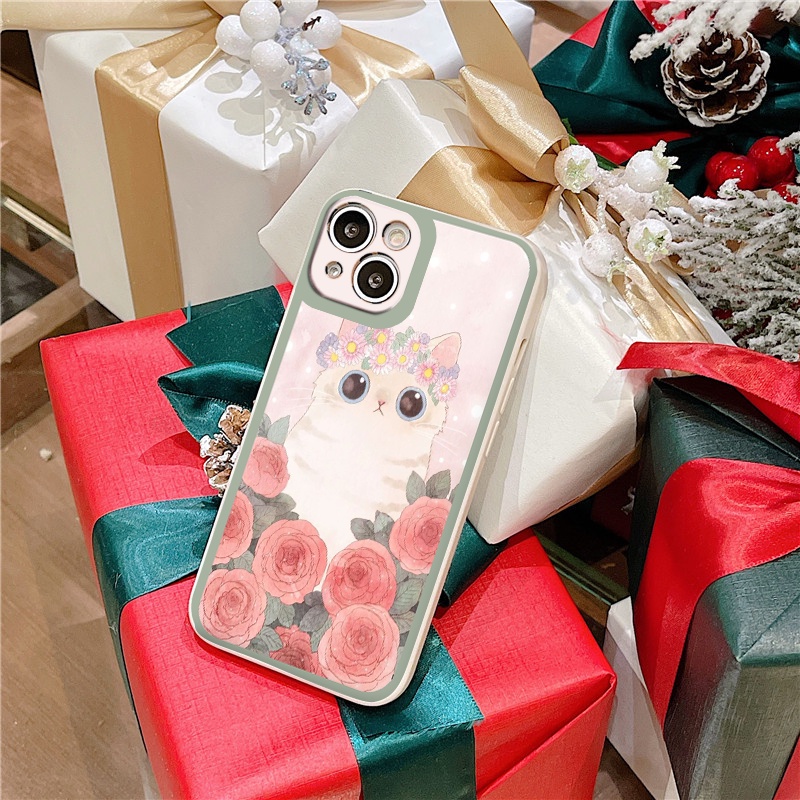 Ốp iphone cạnh vuông MÈO trắng hoa hồng đáng yêu cho ip 6/8/7/plus/x/xr/xsmax/12 pro max/11pro max/13 pro max-nt015