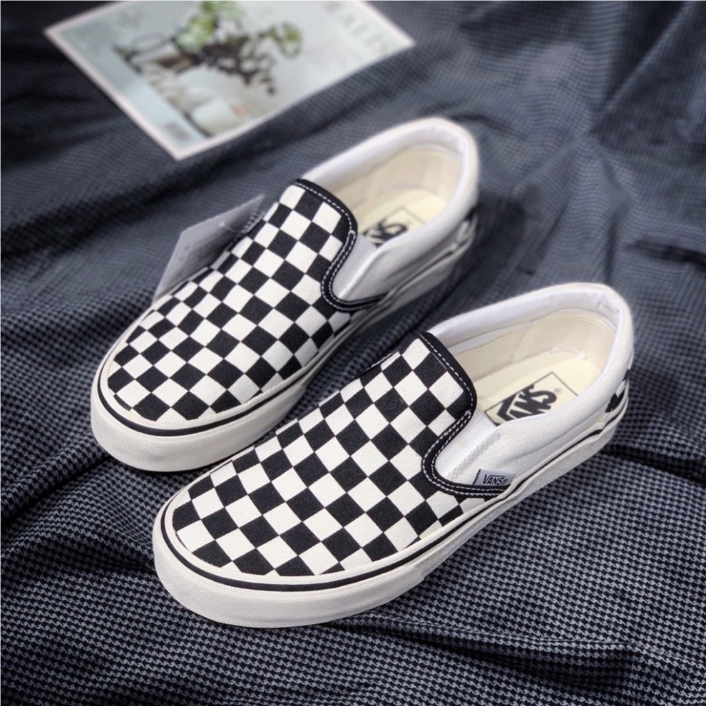 [FREE SHIP] Giày Lười Slipon Nam Nữ - Giày Vans Caro Vải Đen Trắng Lót Da