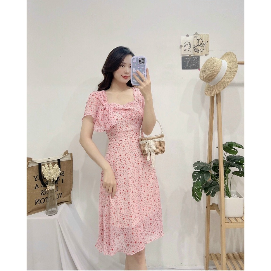 Đầm hoa nhí dự tiệc màu hồng, Váy voan hoa nhí nơ cổ hồng Cao Cấp dáng xòe tay ngắn, nữ tính quyến rũ - MiNhi Fashion