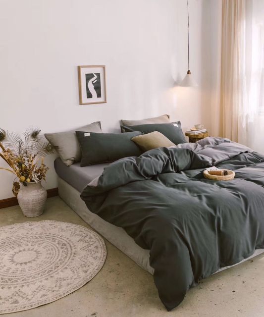 Bộ Chăn Ga Gối Cotton Tici Đũi Cao Cấp Ghi Đậm Pha Ghi Nhạt