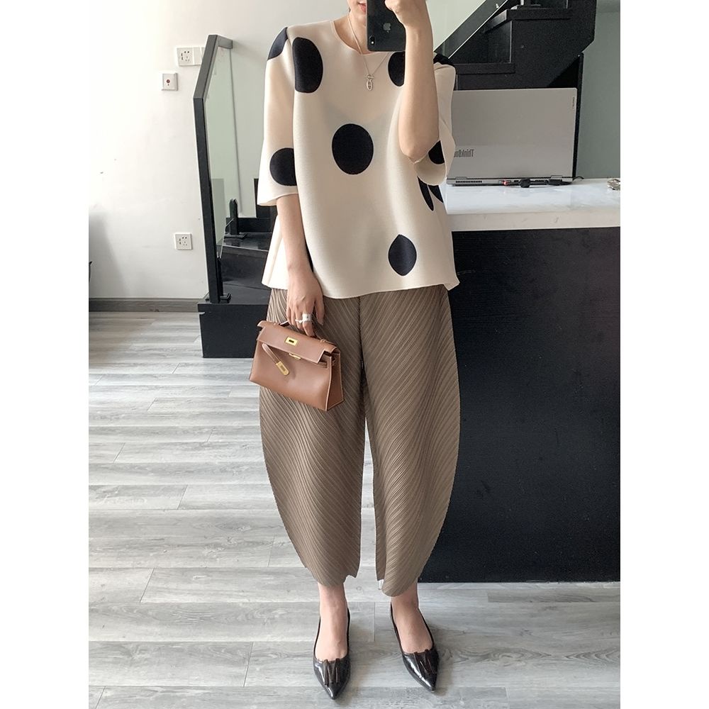 Áo Thun Cổ Tròn Tay Lửng Dáng Rộng Họa Tiết Chấm Bi Phong Cách Nhật Bản Thời Trang Mùa Hè 2022 Cho Nữ