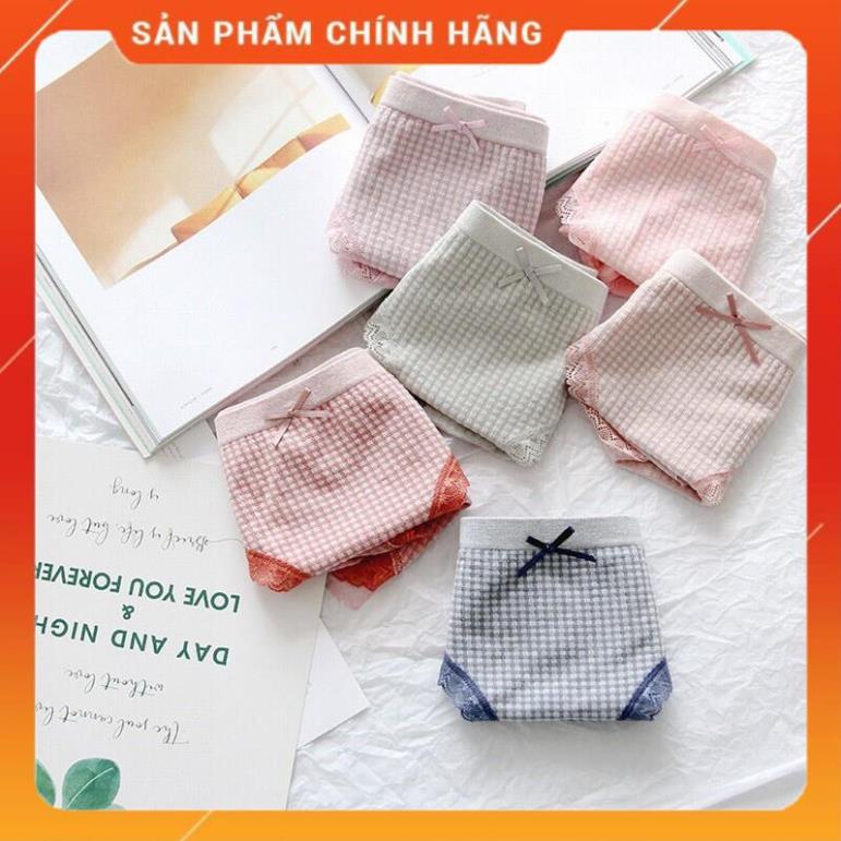 Quần Lót Cotton Co Giãn 4 Chiều Kẻ Caro Viền Ren Dễ Thương 555