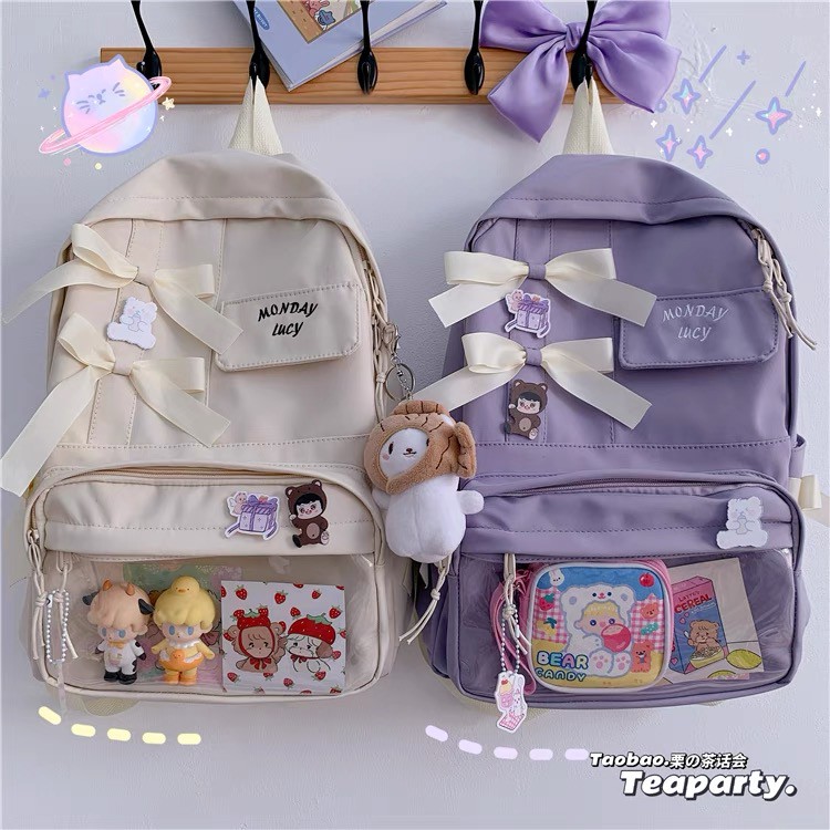 BALO ULZZANG NHIỀU NGĂN DECOR NƠ KÈM HUY HIỆU, HÌNH MINI SIÊU XINH - ORDER 10 NGÀY