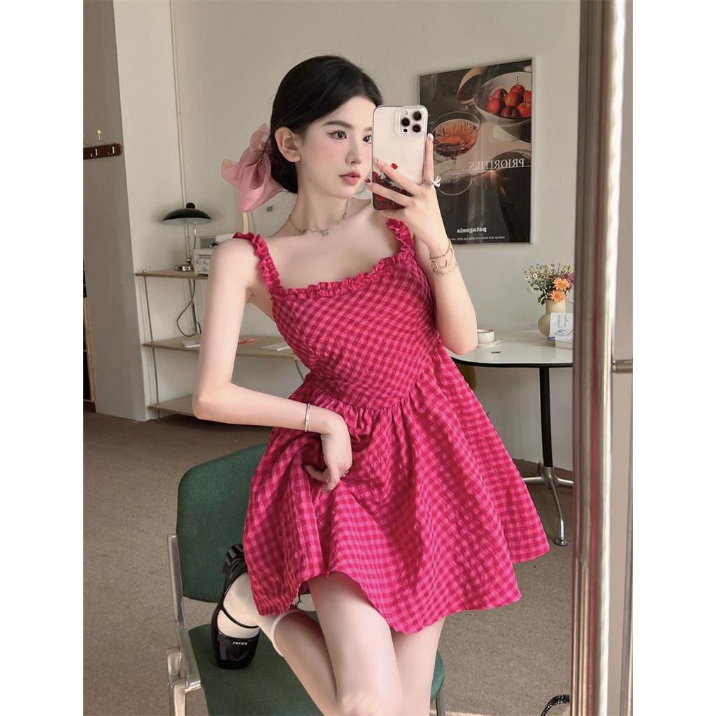 Đầm Hai Dây Mùa Hè Tay Ngắn Họa Tiết Kẻ Sọc Caro Ngọt Ngào Mới Cho Nữ