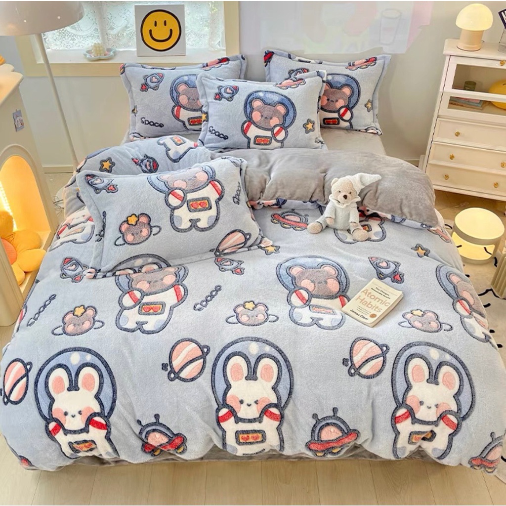 Bộ chăn ga gối nỉ nhung 5D cao cấp ga gối nỉ nhung tuyết sữa mới nhất hoạ tiết đáng yêu siêu mềm không rụng lông