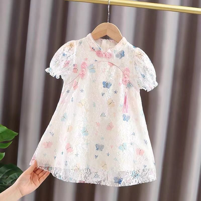 Đầm Sườn Xám Ngắn Tay Phối Ren Họa Tiết Bướm Phong Cách Trung Hoa Cho Bé Gái