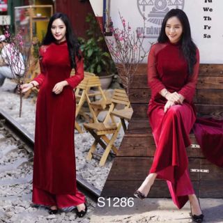 Áo dài nhung đỏ kèm quần lụa