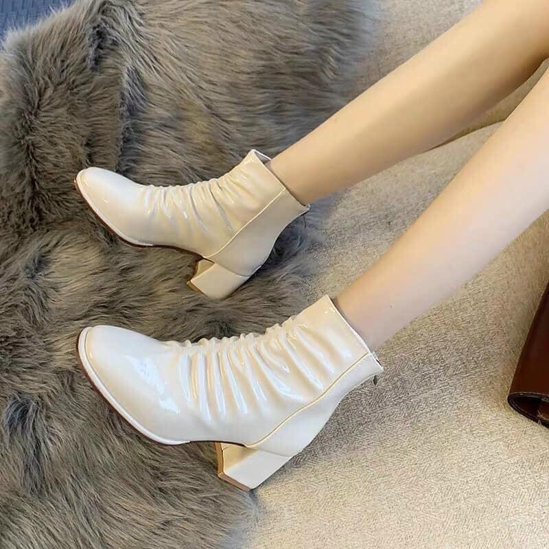 Giày Bốt nữ thời trang da bóng nhăn cổ cao khóa sau, giày boots ulzzang gót trụ 7 phân