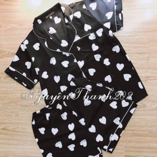 Bộ Pijama lụa satin tim đen
