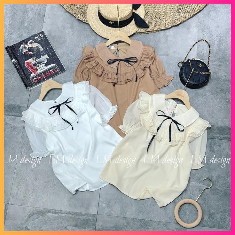 Áo sơ mi tơ cổ sen bèo nhún cộc tay xinhh, Áo sơ mi bánh bèo kèm nơ - MOONMY | BigBuy360 - bigbuy360.vn