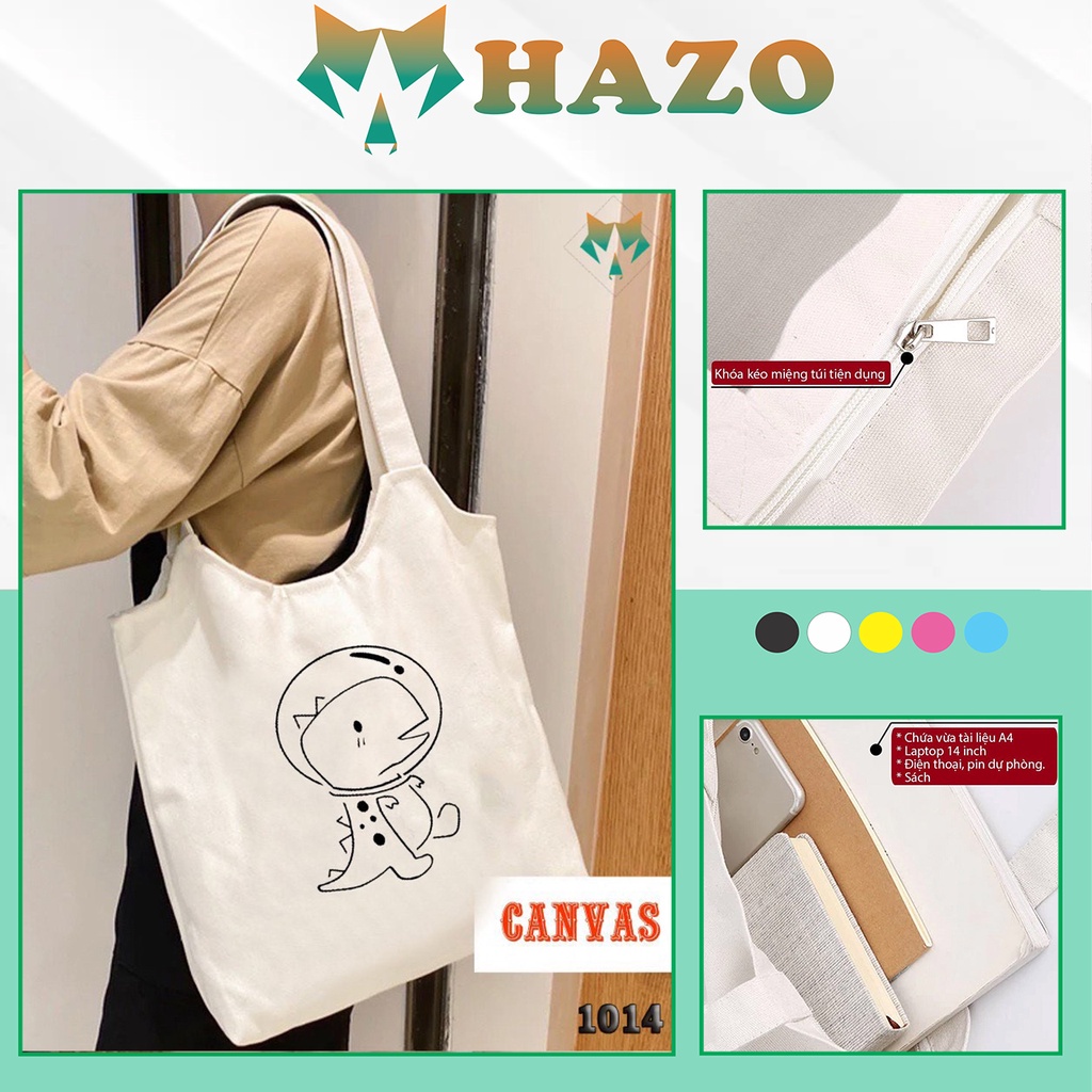 Túi Tote Trắng Chất Vải Canvas 1014 477 Khủng Long Dễ Thương Hàng Chuẩn Đẹp - Hazo