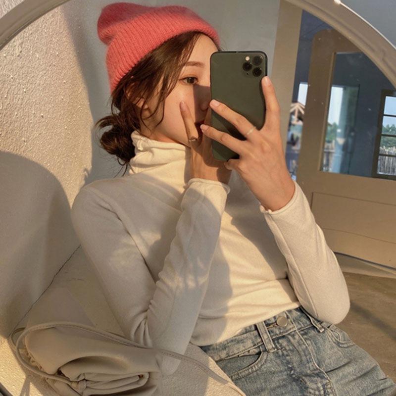 Áo Len Tay Dài Cổ Lọ Màu Trơn Phong Cách Hàn Quốc