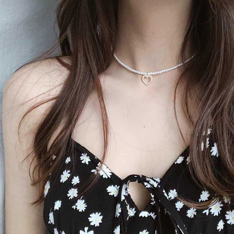 vòng cổ Choker Đính Hạt Ngọc Trai Nhân Tạo Hình Trái Tim Sang Trọng Có Thể Điều Chỉnh Cho Nữ