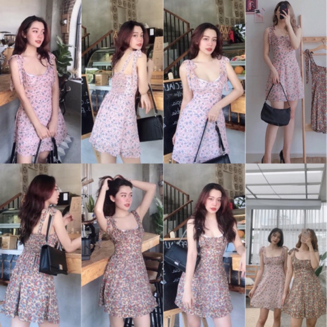 Đầm 2 dây Hugoo Dress , váy thiết kế hoạ tiết hoa sau lưng bo chun , dây váy tự cột đuôi váy xoè nhẹ from chuẩn dễ mặc