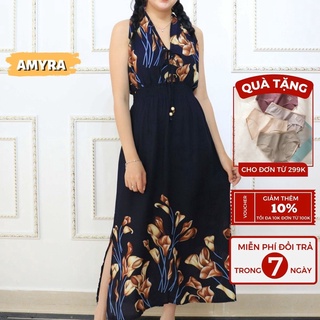 Đầm maxi trung niên đi biển vải lanh thái cao cấp AMYRA - Váy maxi dài họa tiết hoa đi biển mặc siêu mát Mx113