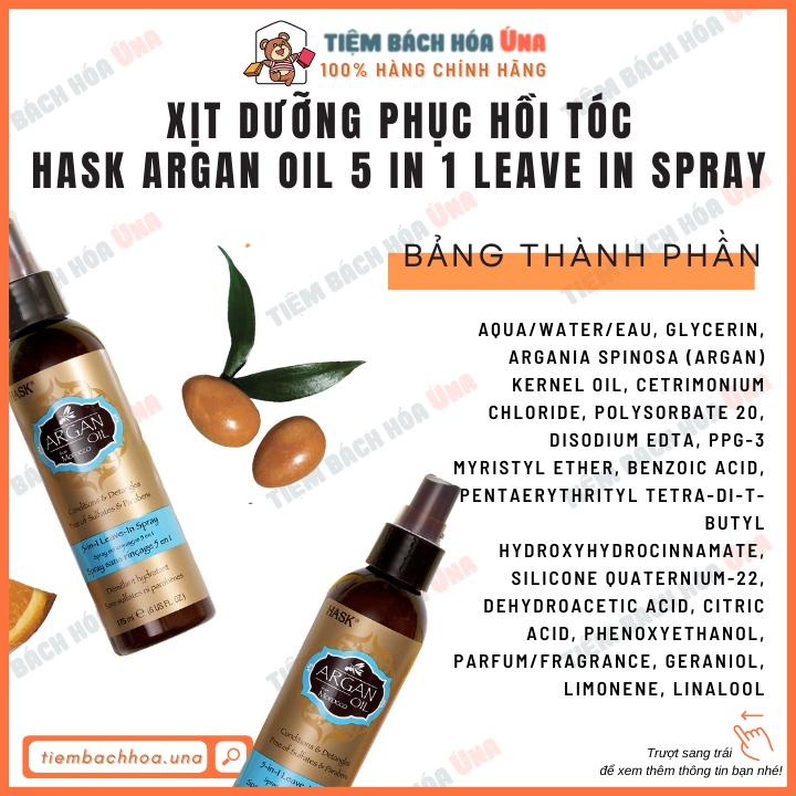 Xịt dưỡng phục hồi tóc HASK Argan Oil 5 in 1 Leave in Spray dung tích 175ml