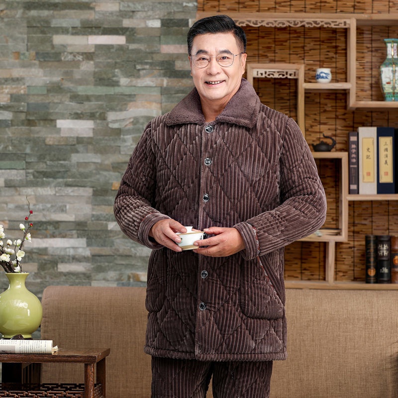 Bộ đồ ngủ của nam giới trung niên và cao tuổi áo khoác dày mùa đông bố giữ ấm