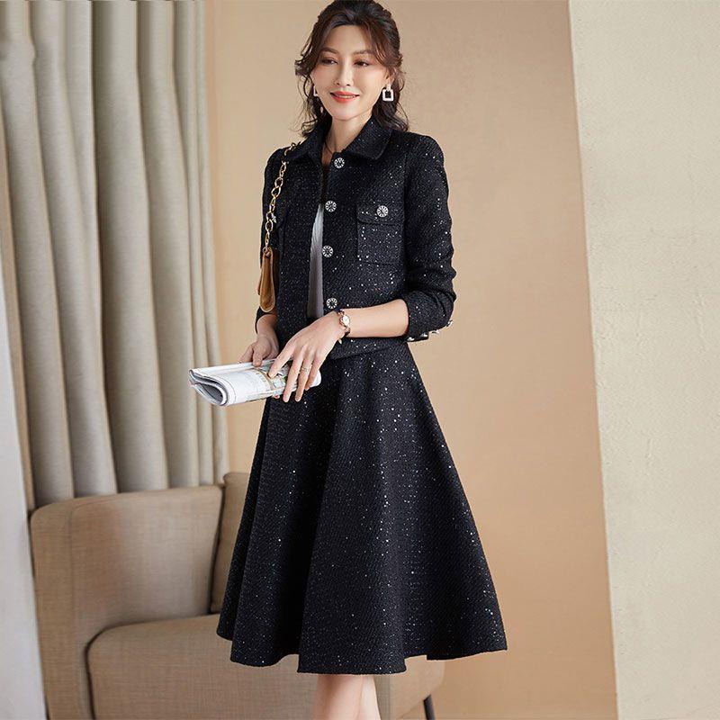 Bộ Áo Đen Phối Chân Váy Vải tweed Cỡ Lớn Thời Trang Thu Đông 2022 Cho Nữ