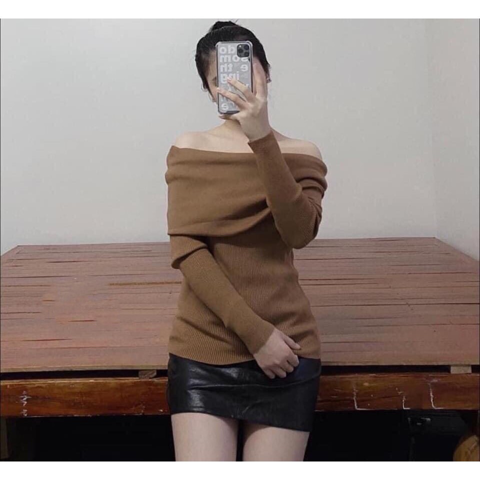 Áo len trễ vai màu đen nâu đỏ đô ulzzang Hàn Quốc thời trang yolo fashion