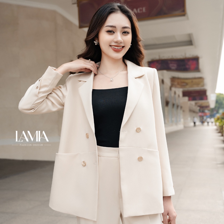 Set áo vest nữ dáng xuông màu be sữa tinh tế Lamia Design LE116