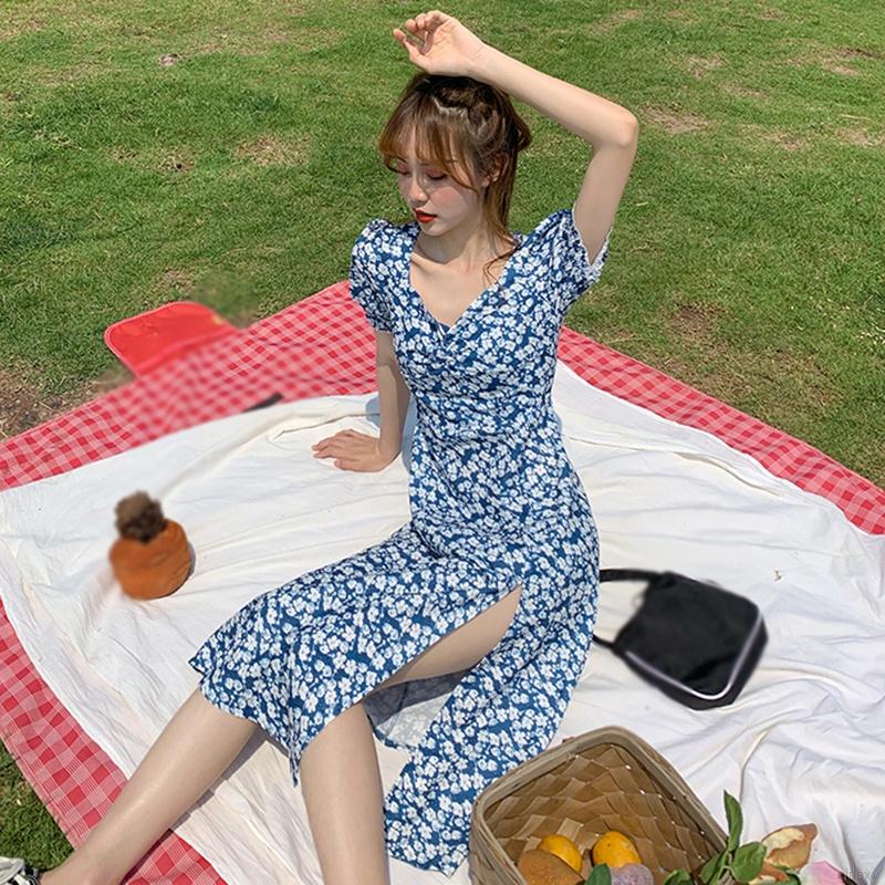 Đầm Nữ Dài Tay Cổ Chữ V In Hoa Thời Trang Hàn