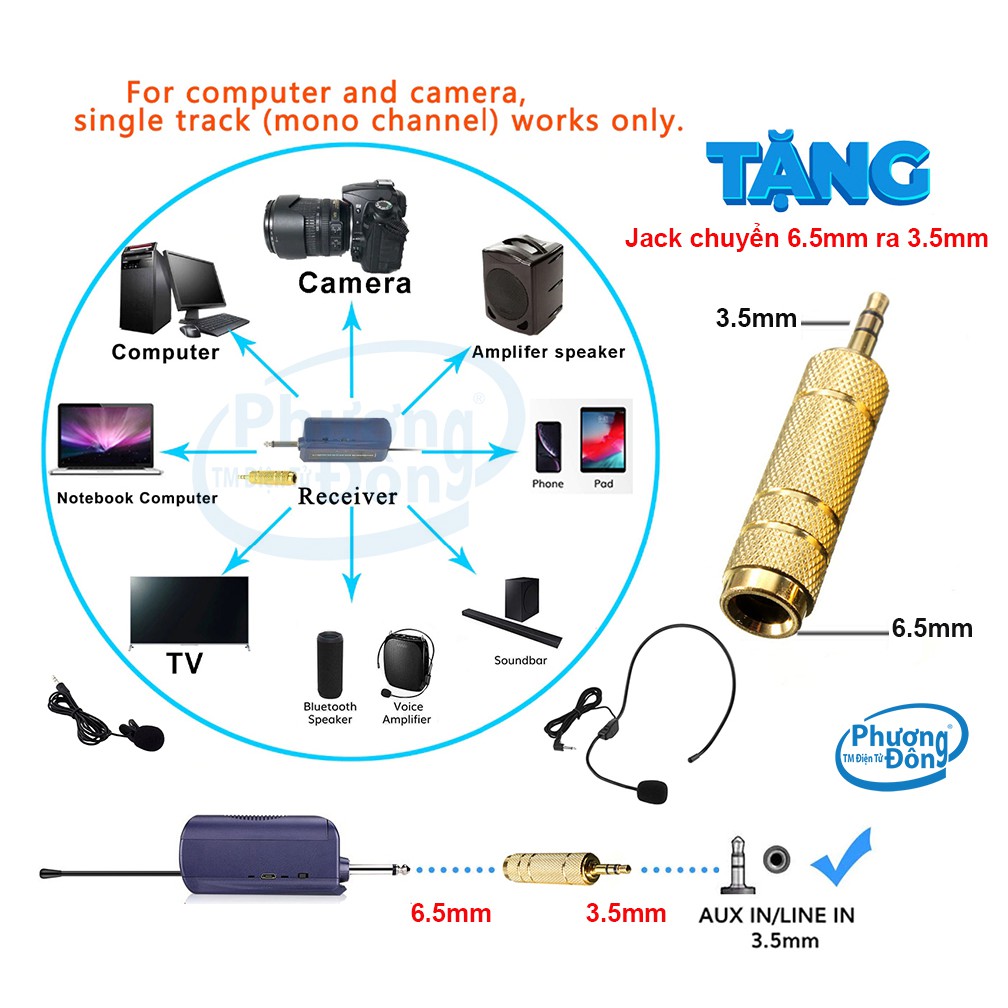 Bộ Micro không dây Đeo tai-Cài áo UNIVERSAL W-14C UHF dành cho Giáo Viên - MC Tặng 1 Jack chuyển 6.5mm ra 3.5mm