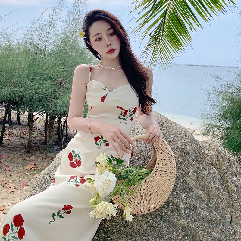 Đầm Hai Dây Họa Tiết Hoa Hồng Phong Cách Retro Thời Trang Mùa Hè