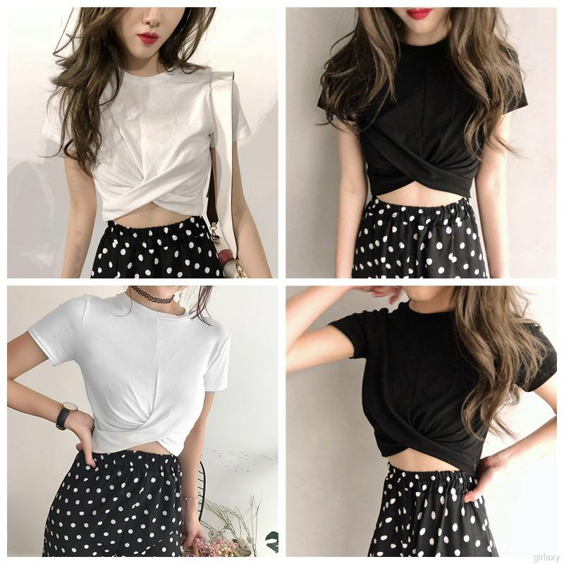 Áo Croptop Tay Ngắn Cổ Tròn Màu Trơn Phong Cách Hàn Quốc