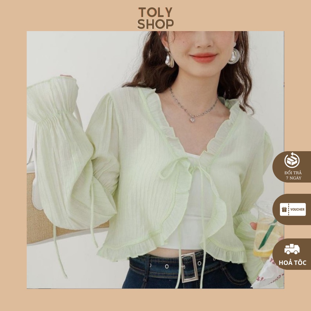 Áo Khoác Ngoài Nữ Vải Voan Mỏng Tay Bồng Sơ mi Phối Bèo kiểu cardigan thắt nơ trước ngực phong cách Hàn Quốc-TOLY SHOP