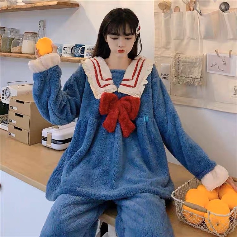 ORDER_Bộ ngủ bông xanh nơ đỏ tiểu thư dáng suông xòe lông mềm mịn thời trang nữ phong cách đơn giản dịu dàng