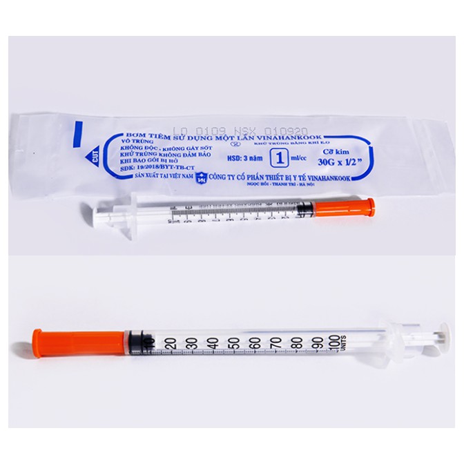 HỘP 100 cây BƠM KIM TIÊM TIỂU ĐƯỜNG INSULIN 1CC 1ML 100iu  VINAHANKOOK
