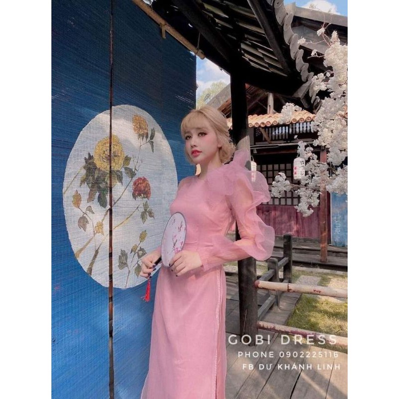 Áo dài hồng tay bồng