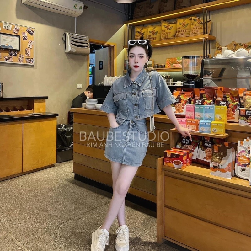 Set bộ jeans áo túi hộp mix chân váy A siêu hot