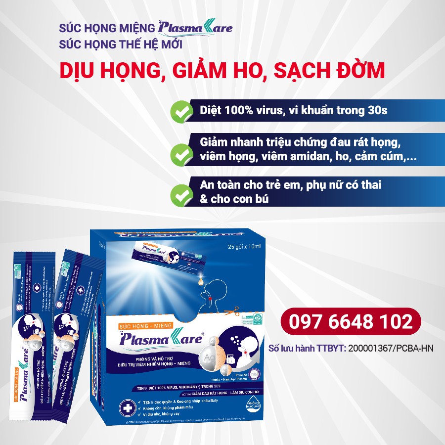 Nano bạc súc họng miệng- Combo trọn bộ sản phẩm nước súc họng miệng PlasmaKare (chai 250ml và hộp 25 gói x10ml)