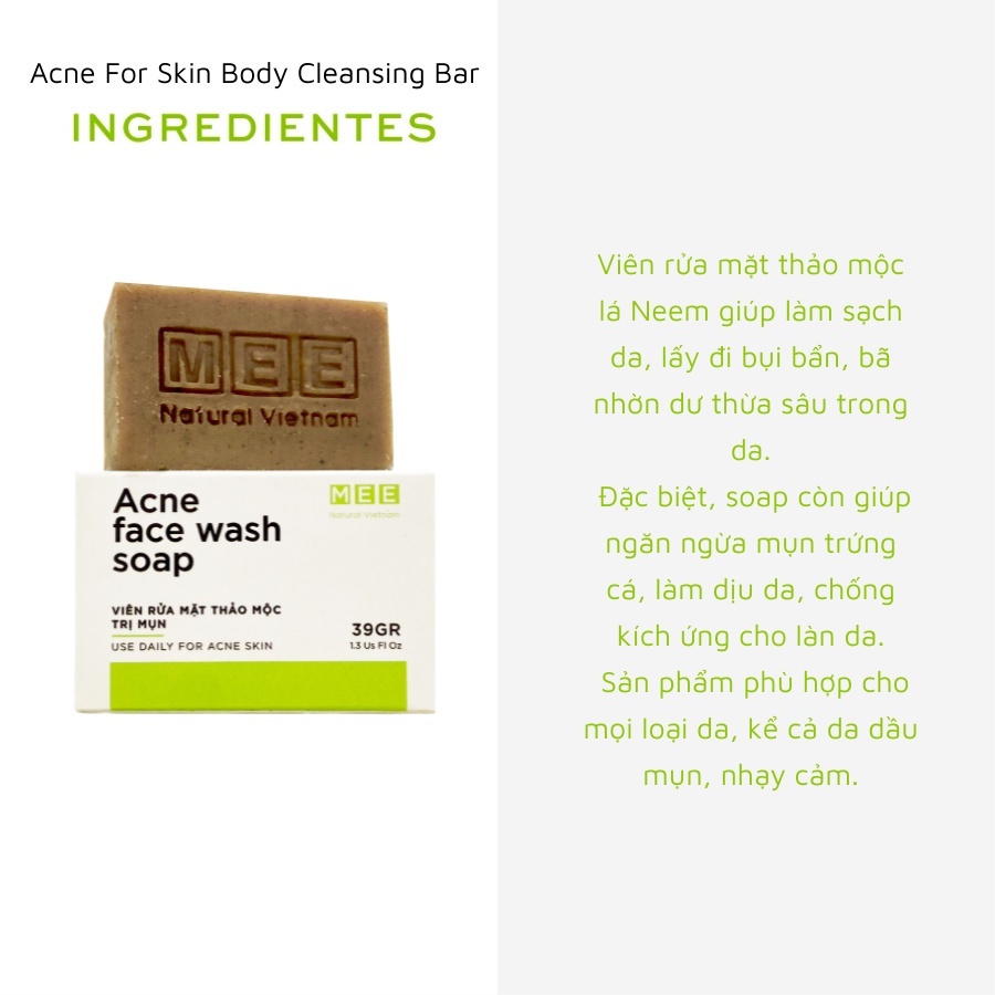 Soap thảo mộc cho da dầu mụn chiết xuất lá Neem tươi Mee Natural 39gr