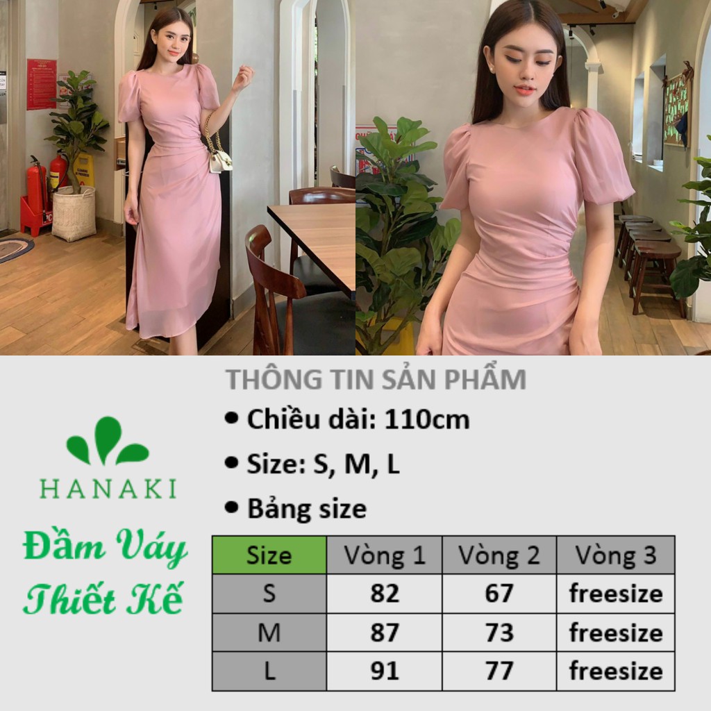 Đầm Dự Tiệc Thiết Kế Tay Phồng Nhún Eo Tôn Dáng Màu Hồng Pastel Sang Trọng Chất Vải Lụa Tằm Cap Cấp Hanaki HNK321