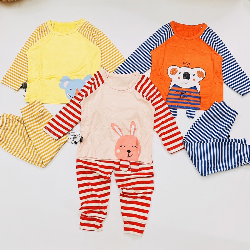 Bộ Quần Áo Dài Tay Minky Mom Thun Lạnh Thoáng Mát Hoạ Tiết Động Vật Sinh Động, Quần kẻ